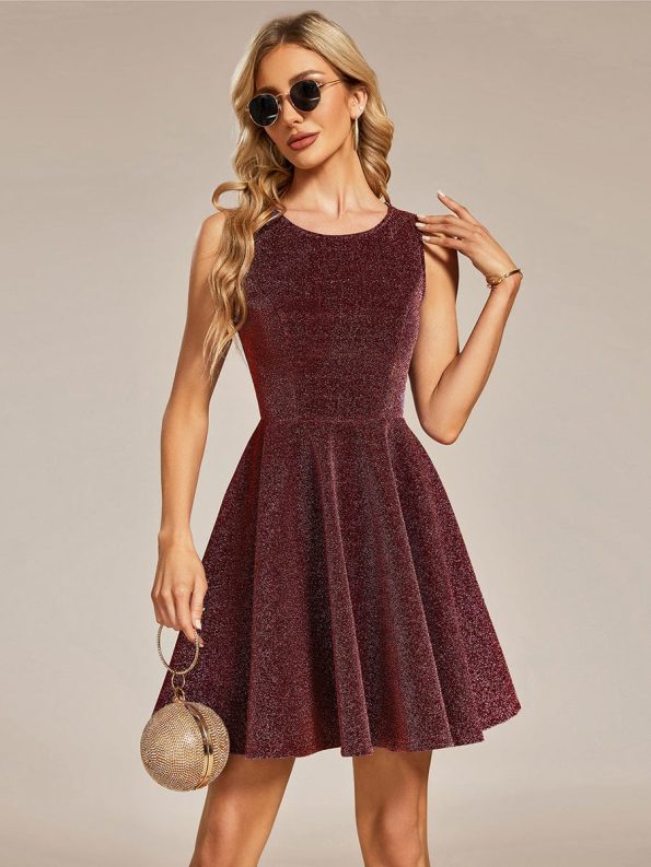 Glitter Round Neckline Sleeveless Short Homecoming Dress - Burgundy