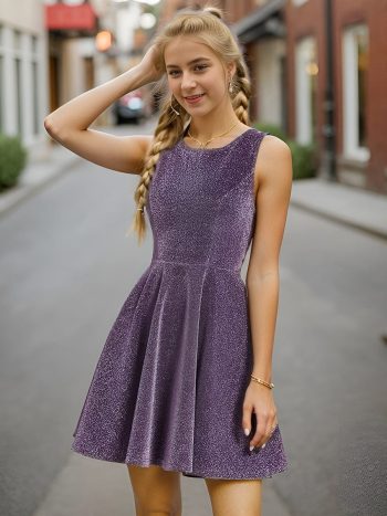 Glitter Round Neckline Sleeveless Short Homecoming Dress - Dark Purple