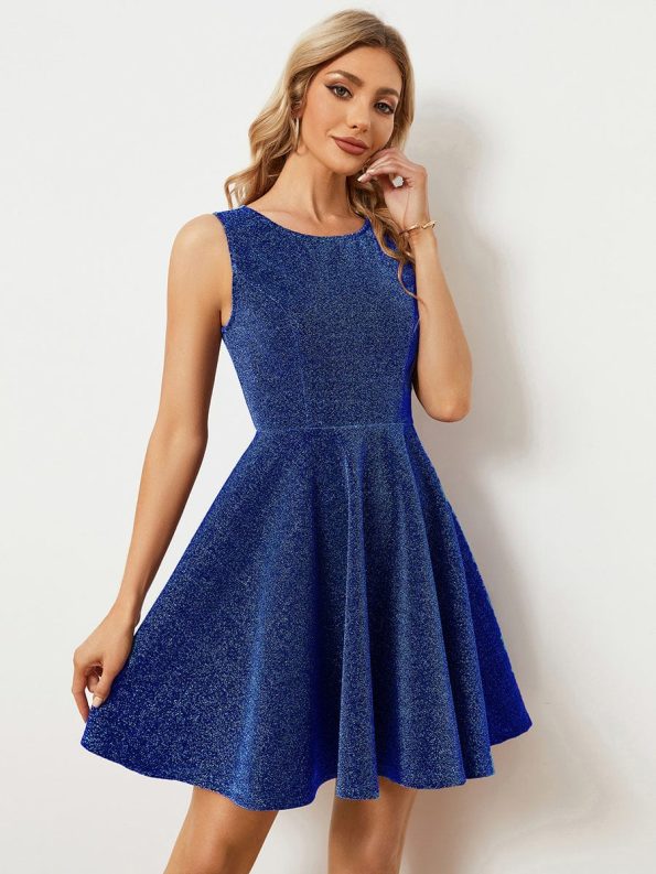 Glitter Round Neckline Sleeveless Short Homecoming Dress - Sapphire Blue