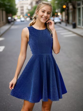 Glitter Round Neckline Sleeveless Short Homecoming Dress - Sapphire Blue