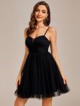 Dreamy Spaghetti Strap Tulle Short Pleated Homecoming Dress – Black