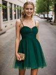 Dreamy Spaghetti Strap Tulle Short Pleated Homecoming Dress - Dark Green