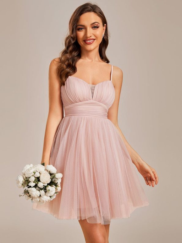 Dreamy Spaghetti Strap Tulle Short Pleated Homecoming Dress - Pink