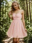 Dreamy Spaghetti Strap Tulle Short Pleated Homecoming Dress – Pink