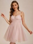 Dreamy Spaghetti Strap Tulle Short Pleated Homecoming Dress – Pink