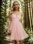 Dreamy Spaghetti Strap Tulle Short Pleated Homecoming Dress – Pink