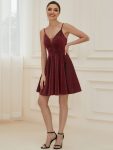 Fancy Shiny Deep V Neck Knee Length Prom Dress – Burgundy