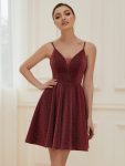 Fancy Shiny Deep V Neck Knee Length Prom Dress – Burgundy