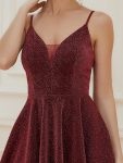 Fancy Shiny Deep V Neck Knee Length Prom Dress – Burgundy