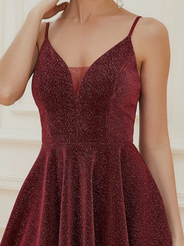 Fancy Shiny Deep V Neck Knee Length Prom Dress - Burgundy