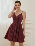 Fancy Shiny Deep V Neck Knee Length Prom Dress – Burgundy