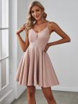 Fancy Shiny Deep V Neck Knee Length Prom Dress – Blush