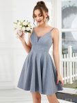 Fancy Shiny Deep V Neck Knee Length Prom Dress – Dusty Navy