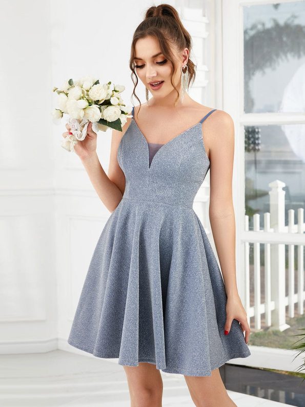 Fancy Shiny Deep V Neck Knee Length Prom Dress - Dusty Navy