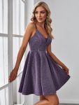 Fancy Shiny Deep V Neck Knee Length Prom Dress – Dark Purple