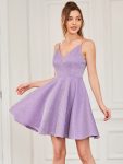 Fancy Shiny Deep V Neck Knee Length Prom Dress – Lavender