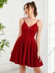 Fancy Shiny Deep V Neck Knee Length Prom Dress – Red