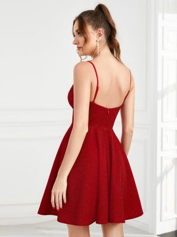 Fancy Shiny Deep V Neck Knee Length Prom Dress - Red