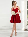 Fancy Shiny Deep V Neck Knee Length Prom Dress – Red