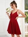 Fancy Shiny Deep V Neck Knee Length Prom Dress – Red