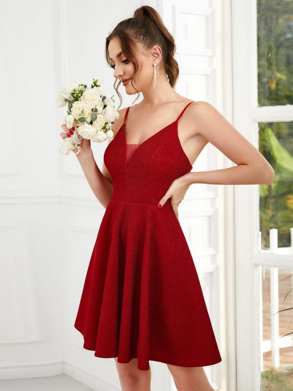 Fancy Shiny Deep V Neck Knee Length Prom Dress - Red