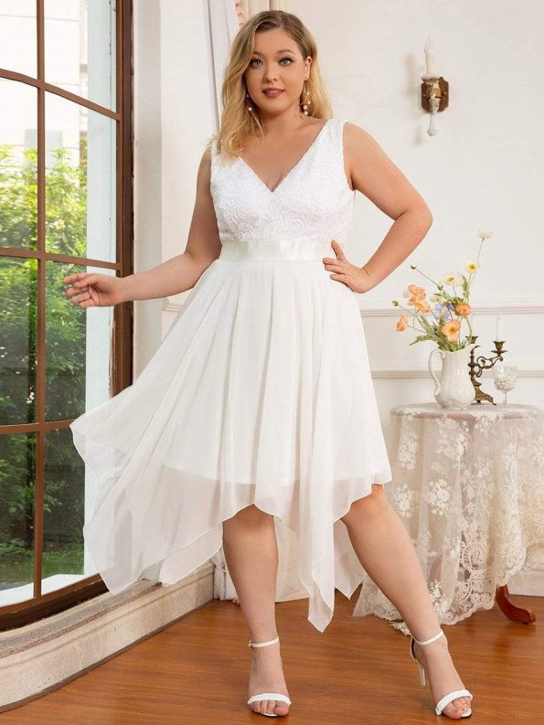 Plus Size Stunning V Neck Prom Lace Dress for Women - Cream