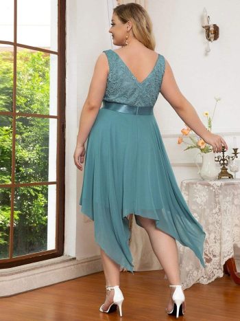 Plus Size Stunning V Neck Prom Lace Dress for Women - Dusty Blue