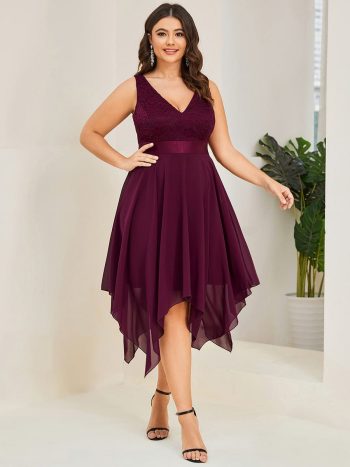 Plus Size Asymmetrical-hem Sleeveless Prom Lace Dress for Women - Mulberry