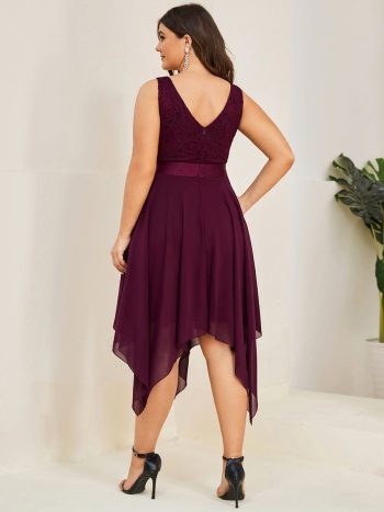 Plus Size Asymmetrical-hem Sleeveless Prom Lace Dress for Women - Mulberry