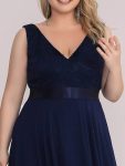 Plus Size Stunning V Neck Prom Lace Dress for Women – Navy Blue