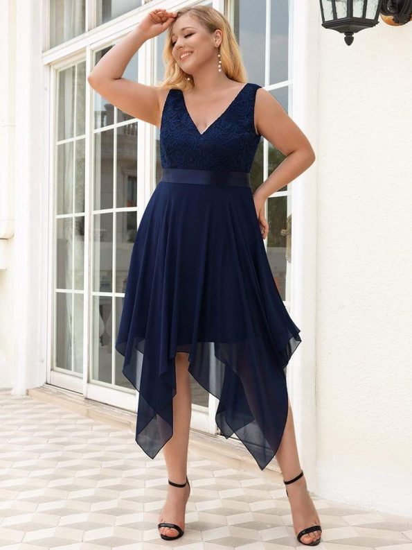 Plus Size Stunning V Neck Prom Lace Dress for Women - Navy Blue