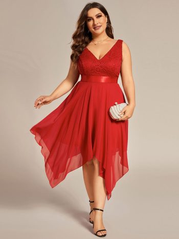 Plus Size Asymmetrical-hem Sleeveless Prom Lace Dress for Women - Red