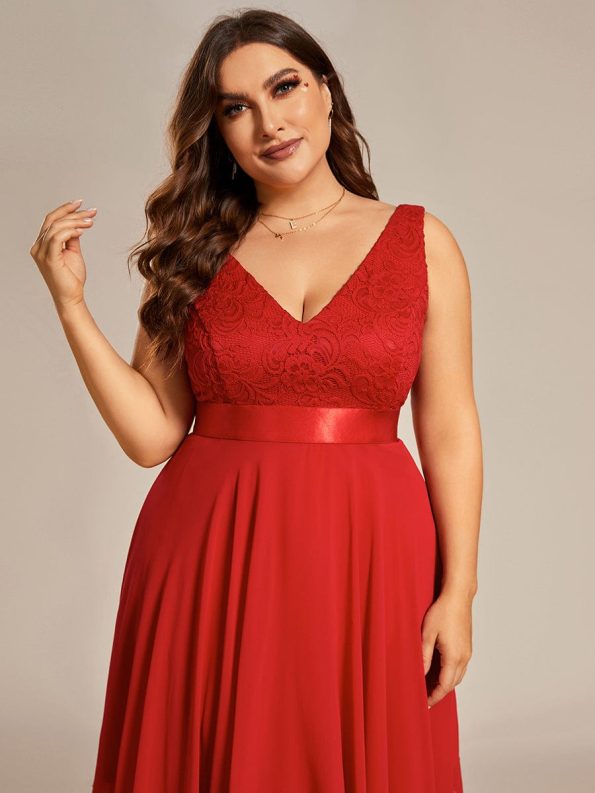 Plus Size Asymmetrical-hem Sleeveless Prom Lace Dress for Women - Red