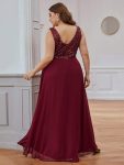 Elegant Paillette & Chiffon V-neck A-line Sleeveless Plus Size Formal Evening Dresses – Burgundy