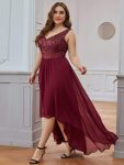 Elegant Paillette & Chiffon V-neck A-line Sleeveless Plus Size Formal Evening Dresses – Burgundy