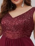 Elegant Paillette & Chiffon V-neck A-line Sleeveless Plus Size Formal Evening Dresses – Burgundy