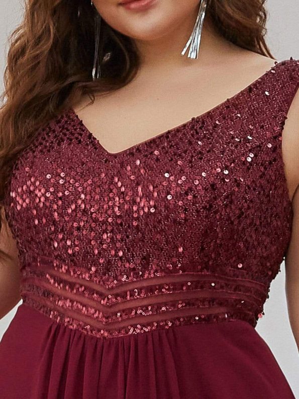 Elegant Paillette & Chiffon V-neck A-line Sleeveless Plus Size Formal Evening Dresses - Burgundy