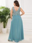 Elegant Paillette & Chiffon V-neck A-line Sleeveless Plus Size Formal Evening Dresses – Dusty Blue