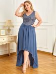 Elegant Paillette & Chiffon V-neck A-line Sleeveless Plus Size Formal Evening Dresses – Dusty Navy