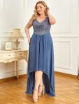 Elegant Paillette & Chiffon V-neck A-line Sleeveless Plus Size Formal Evening Dresses – Dusty Navy