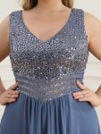 Elegant Paillette & Chiffon V-neck A-line Sleeveless Plus Size Formal Evening Dresses – Dusty Navy