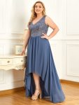 Elegant Paillette & Chiffon V-neck A-line Sleeveless Plus Size Formal Evening Dresses – Dusty Navy