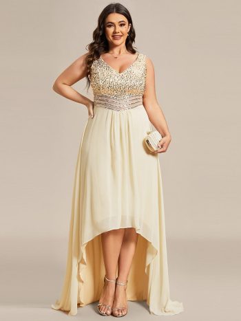 Elegant Paillette & Chiffon V-neck A-line Sleeveless Plus Size Formal Evening Dresses - Gold