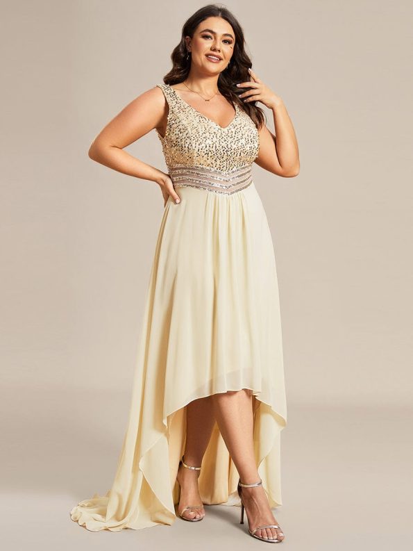 Elegant Paillette & Chiffon V-neck A-line Sleeveless Plus Size Formal Evening Dresses - Gold