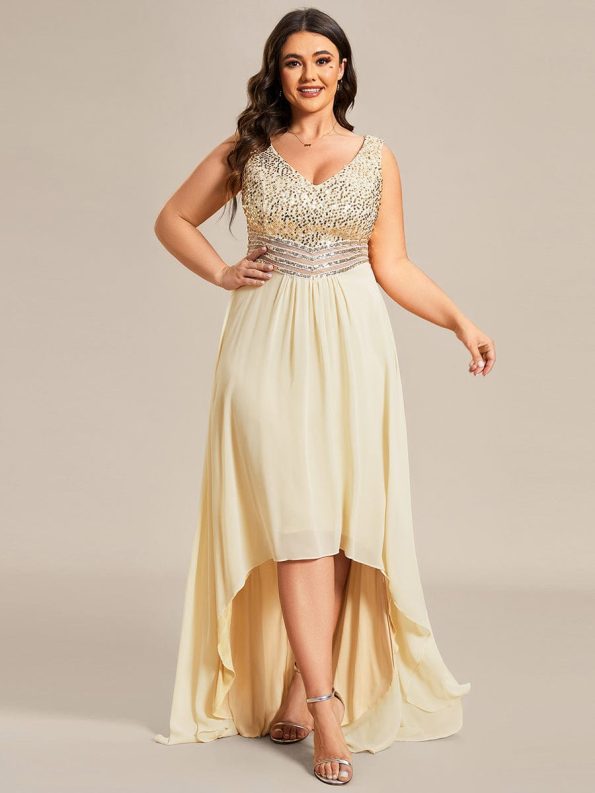 Elegant Paillette & Chiffon V-neck A-line Sleeveless Plus Size Formal Evening Dresses - Gold