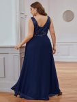 Elegant Paillette & Chiffon V-neck A-line Sleeveless Plus Size Formal Evening Dresses – Navy Blue