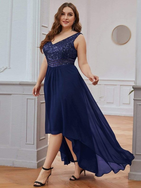 Elegant Paillette & Chiffon V-neck A-line Sleeveless Plus Size Formal Evening Dresses - Navy Blue