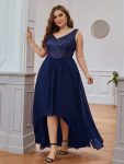 Elegant Paillette & Chiffon V-neck A-line Sleeveless Plus Size Formal Evening Dresses – Navy Blue