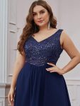 Elegant Paillette & Chiffon V-neck A-line Sleeveless Plus Size Formal Evening Dresses – Navy Blue