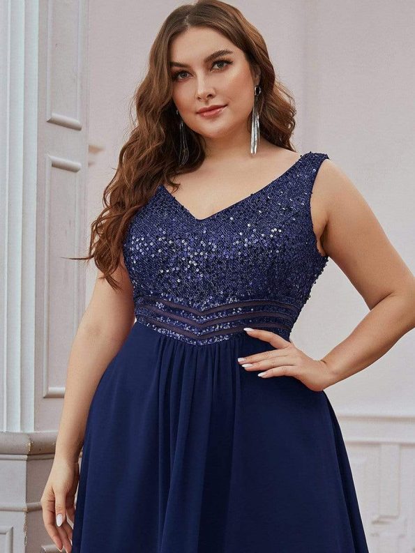 Elegant Paillette & Chiffon V-neck A-line Sleeveless Plus Size Formal Evening Dresses - Navy Blue